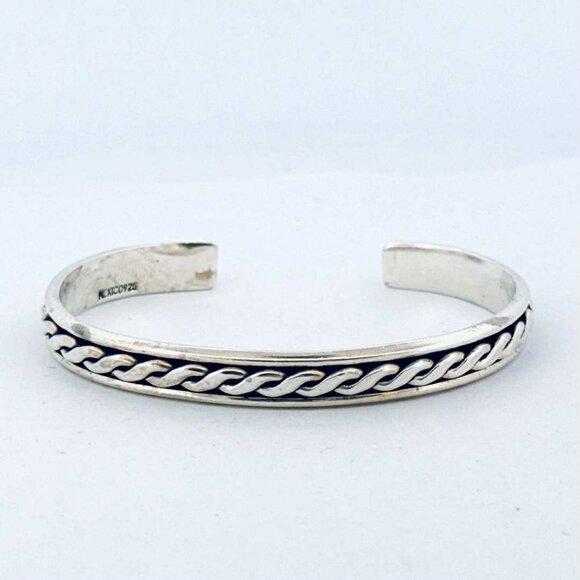 Estate Sterling Silver 925 Cuff Bangle Bracelet Rope Chain Design 6" Wrist 26.5g - Picture 1 of 11